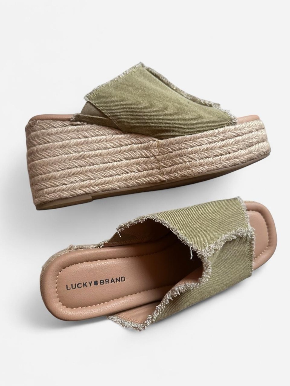 Lucky Brand Olive Canvas Frayed-Edge Platform Slides